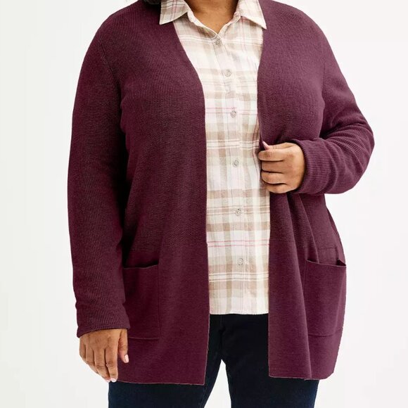 Sonoma Goods For Life Sweaters - Plus Size Croft & Barrow Classic Ribbed Open-Front Cardigan in Merlot Heather 3X